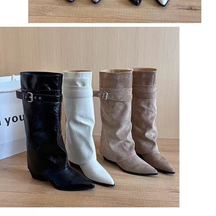 Vintage Zipper - ヴィンテージ風ラッフル加工オーバーニーレディースブーツ、ポインテッドトゥ、チャンキーヒール、バックル付きウエスタンカウボーイスタイル、スリムフィットナイトブーツ