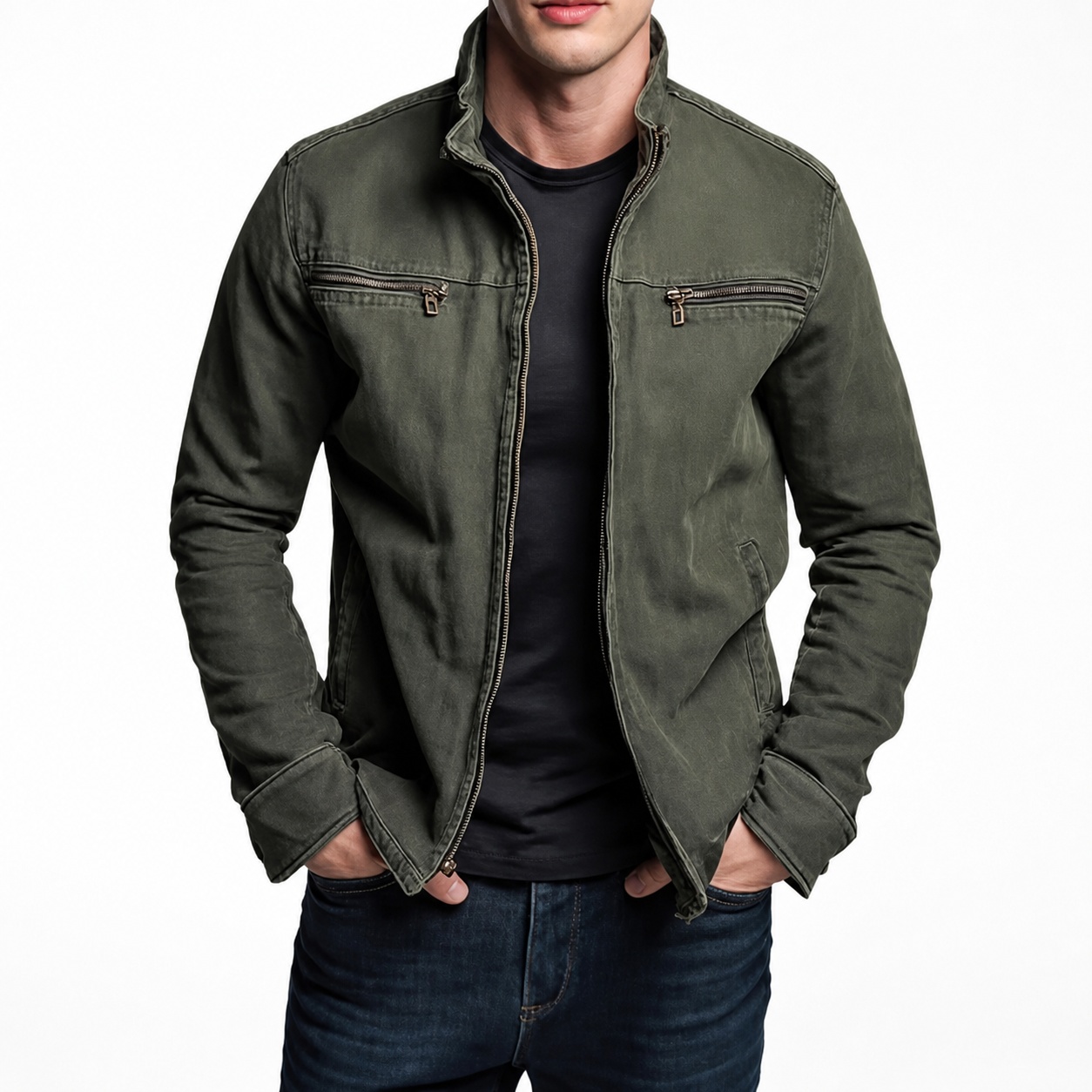 レディース コットン スタンドカラー ルーズフィット ソリッ - Vintage Zipper のレビューと価格