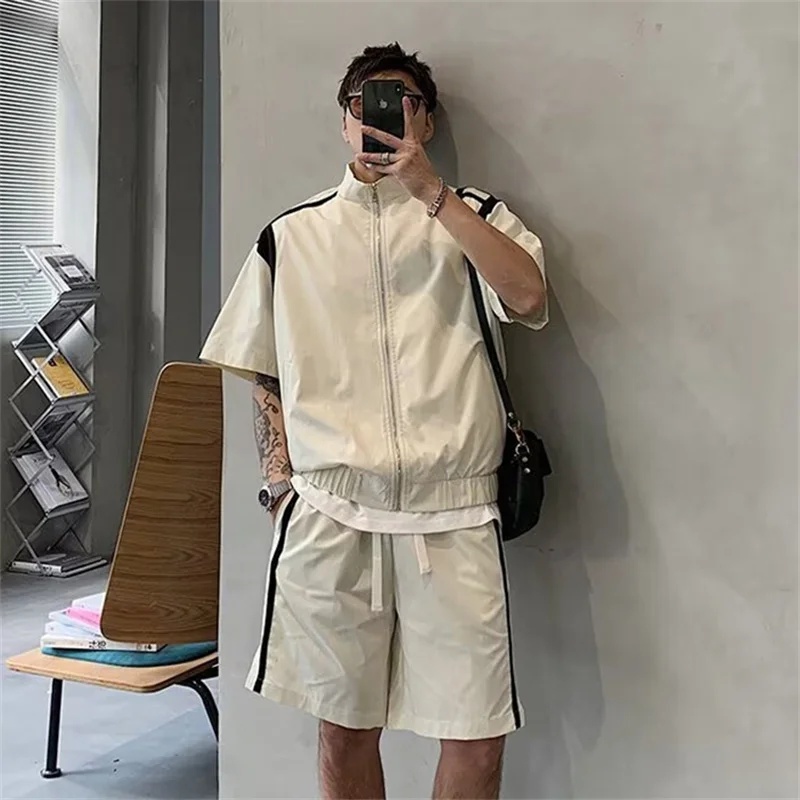 メンズカラーブロックトラックスーツ 夏用スタンドカラー半袖ジ - Vintage Zipper のレビューと価格